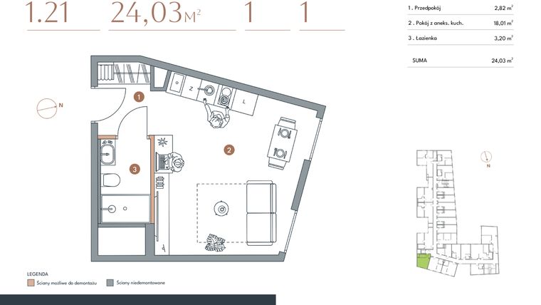 Rzut - Mieszkanie na sprzedaż 1 pokój o powierzchni 24,03 m² - numer 1.21 w Starowiejska 3