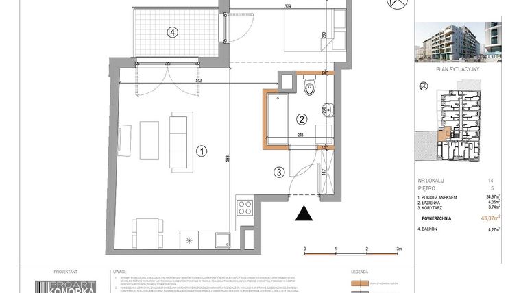 Rzut - Mieszkanie na sprzedaż 1 pokój o powierzchni 43,07 m² - numer A5/14 w 5th Avenue Apartments