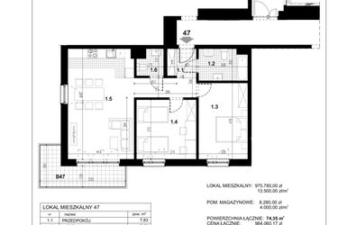 Rzut - Mieszkanie na sprzedaż 3 pokoje o powierzchni 74,35 m² - numer B.47 w Przewóz 4
