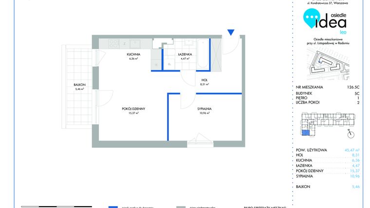 Rzut - Mieszkanie na sprzedaż 2 pokoje o powierzchni 45,47 m² - numer 5C.126 w Osiedle Idea Leo