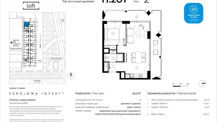 Rzut - Mieszkanie na sprzedaż 2 pokoje o powierzchni 40,3 m² - numer H.201 w Baltic Park Loft