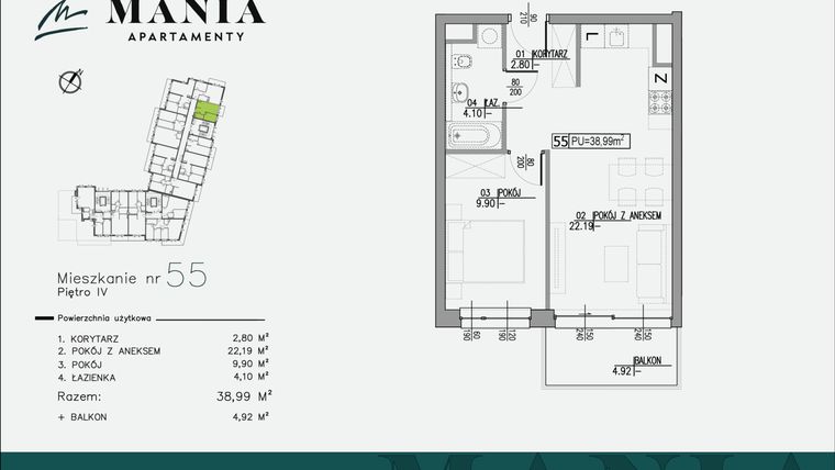 Rzut - Mieszkanie na sprzedaż 2 pokoje o powierzchni 38,99 m² - numer 55 w MANIA Apartamenty