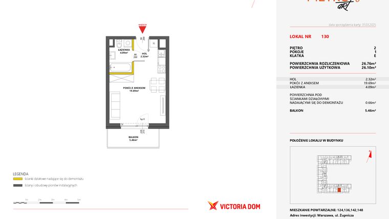 Rzut - Mieszkanie na sprzedaż 1 pokój o powierzchni 26,76 m² - numer 130 w Metro Art 6