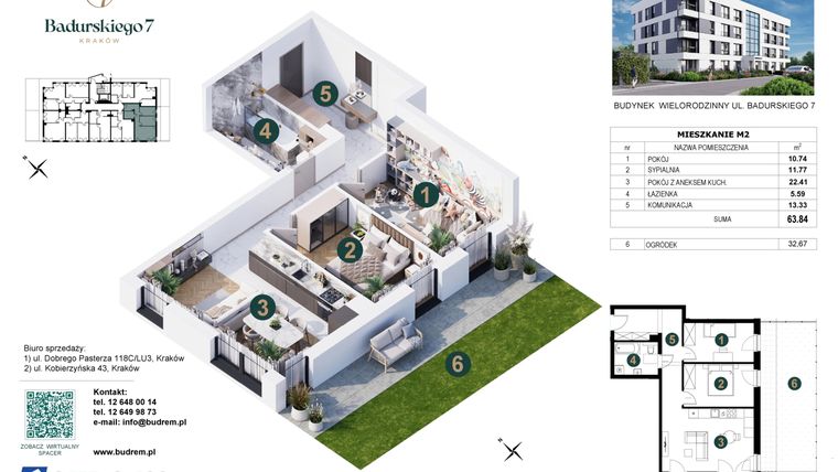 Rzut - Mieszkanie na sprzedaż 3 pokoje o powierzchni 63,84 m² - numer 2 w Badurskiego 7