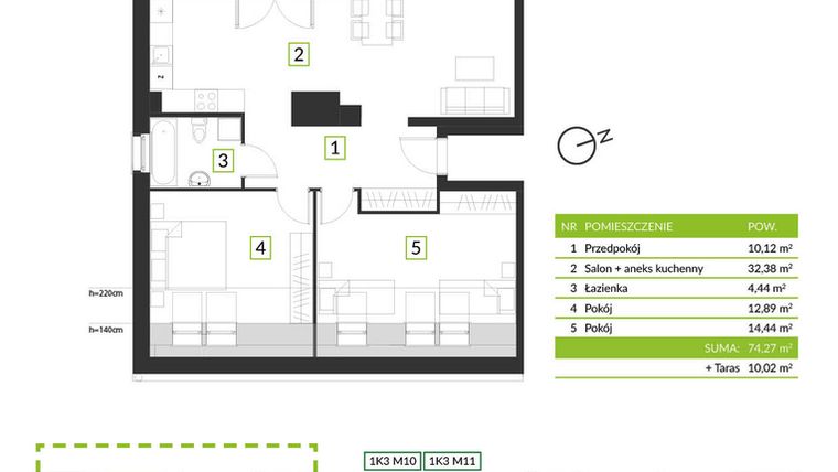 Rzut - Mieszkanie na sprzedaż 3 pokoje o powierzchni 74,27 m² - numer 1K1 M11 w Osiedle Krzeptów przy lesie