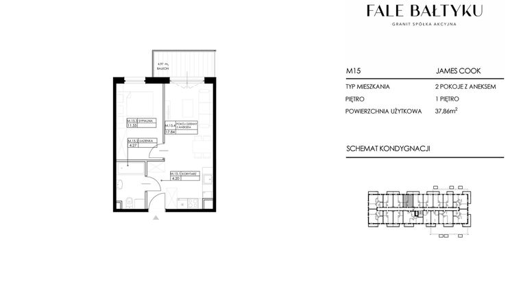 Rzut - Mieszkanie na sprzedaż 2 pokoje o powierzchni 37,86 m² - numer FBJC-M15 w Fale Bałtyku Cook