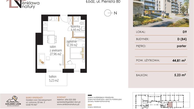 Rzut - Mieszkanie na sprzedaż 2 pokoje o powierzchni 44,81 m² - numer D9 w Enklawa Natury