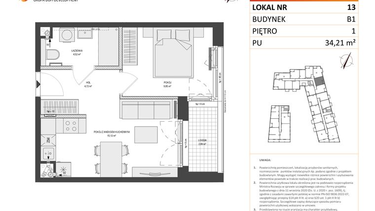 Rzut - Mieszkanie na sprzedaż 2 pokoje o powierzchni 34,21 m² - numer B1.13 w Zajezdnia Motława