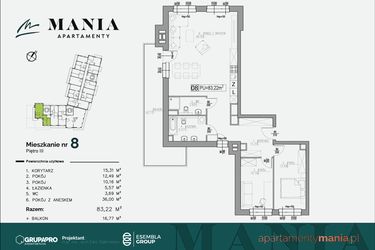 Rzut - Mieszkanie na sprzedaż 3 pokoje o powierzchni 83,22 m² - numer 8 w MANIA Apartamenty