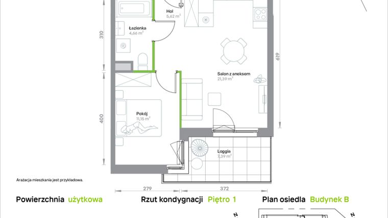 Rzut - Mieszkanie na sprzedaż 2 pokoje o powierzchni 42,82 m² - numer B/1/07 w Krakowska Vita