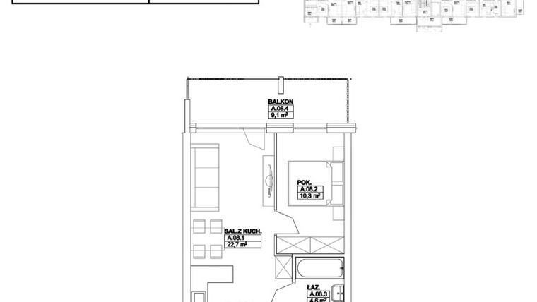 Rzut - Mieszkanie na sprzedaż 2 pokoje o powierzchni 37,71 m² - numer A08 w Osiedle Parkowe