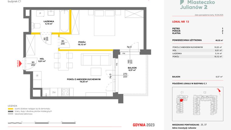 Rzut - Mieszkanie na sprzedaż 2 pokoje o powierzchni 48,52 m² - numer 13 w Miasteczko Julianów etap 2