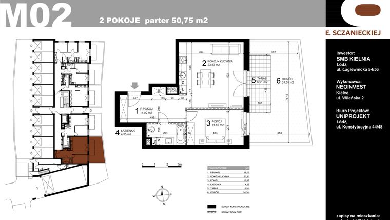 Rzut - Mieszkanie na sprzedaż 2 pokoje o powierzchni 50,75 m² - numer M02 w Sczanieckiej 8