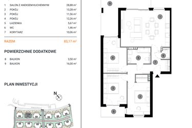 Rzut - Mieszkanie na sprzedaż 4 pokoje o powierzchni 83,17 m² - numer 12A.3 w Wille Miejskie Lekcyjna
