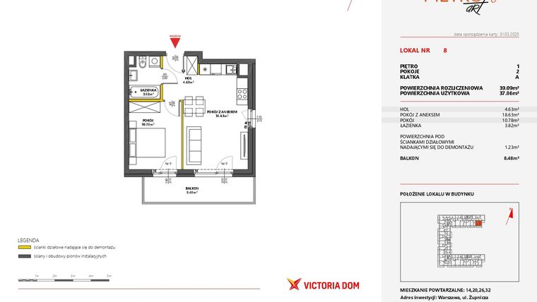 Rzut - Mieszkanie na sprzedaż 2 pokoje o powierzchni 39,09 m² - numer 8 w Metro Art 6