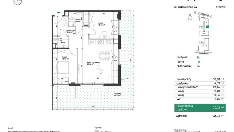 Rzut - Mieszkanie na sprzedaż 3 pokoje o powierzchni 70,72 m² - numer 1A_M14 w U Przybyszewskiego etap 4