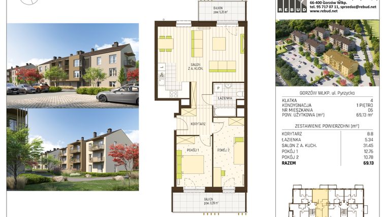 Rzut - Mieszkanie na sprzedaż 3 pokoje o powierzchni 69,13 m² - numer B1-K4-P1-M06 w Stargardzka