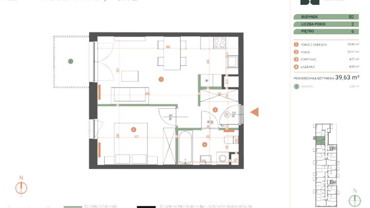 Rzut - Mieszkanie na sprzedaż 2 pokoje o powierzchni 39,63 m² - numer M.06.12 w Casa Feliz Portowa