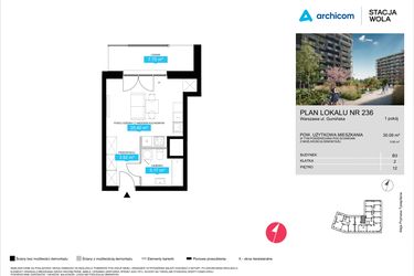 Rzut - Mieszkanie na sprzedaż 1 pokój o powierzchni 30,11 m² - numer B3.236 w Stacja Wola - Etap III
