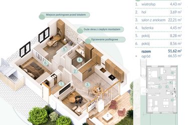 Rzut - Mieszkanie na sprzedaż 3 pokoje o powierzchni 51,62 m² - numer A.1.1 w Enklawa