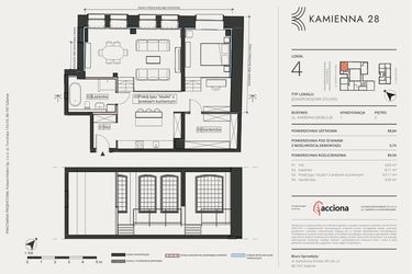 Rzut - Mieszkanie na sprzedaż 1 pokój o powierzchni 89,59 m² - numer 4 w Kamienna 28