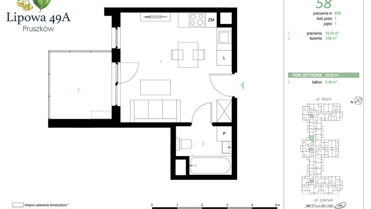 Rzut - Mieszkanie na sprzedaż 1 pokój o powierzchni 23,25 m² - numer 58B w Lipowa 49A - Apartamenty inwestycyjne