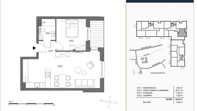 Rzut - Mieszkanie na sprzedaż 2 pokoje o powierzchni 52,64 m² - numer A.010 w Nowa Młynówka