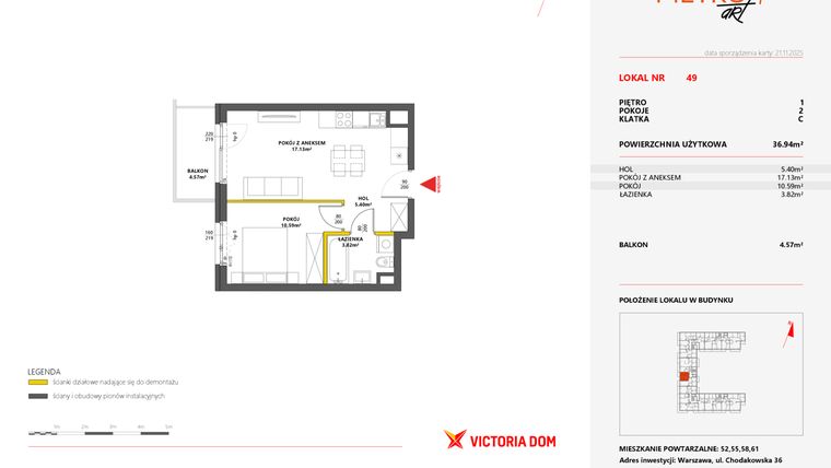Rzut - Mieszkanie na sprzedaż 2 pokoje o powierzchni 36,94 m² - numer 49 w Metro Art 7