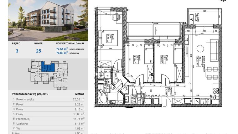 Rzut - Mieszkanie na sprzedaż 4 pokoje o powierzchni 76,83 m² - numer 25 w Balantia