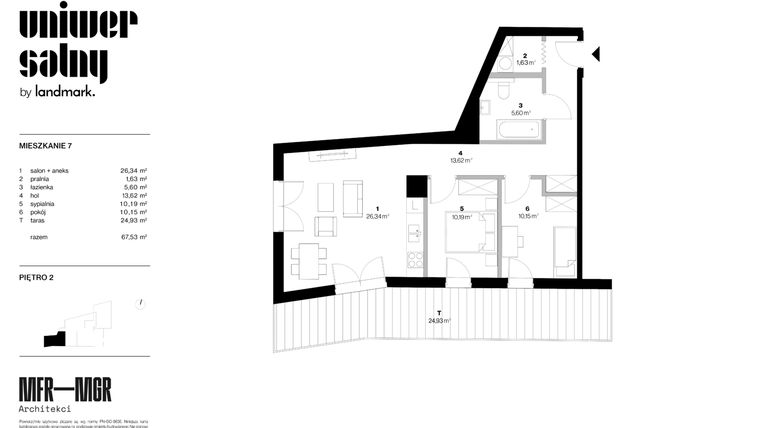 Rzut - Mieszkanie na sprzedaż 3 pokoje o powierzchni 67,53 m² - numer 7 w Dom Uniwersalny