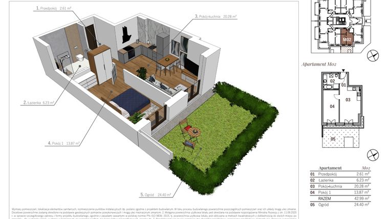 Rzut - Mieszkanie na sprzedaż 2 pokoje o powierzchni 42,99 m² - numer M02 w Przy Parku etap II