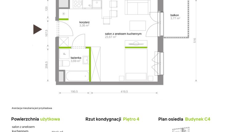Rzut - Mieszkanie na sprzedaż 1 pokój o powierzchni 30,72 m² - numer C4.4A16 w Bemowo Vita