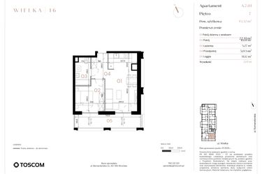 Rzut - Mieszkanie na sprzedaż 2 pokoje o powierzchni 43,32 m² - numer A/7/01 w Wielka 16