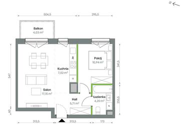 Rzut - Mieszkanie na sprzedaż 2 pokoje o powierzchni 45,52 m² - numer 1/A/2/48 w Oliwska Vita