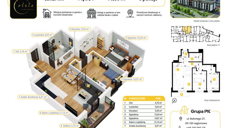 Rzut - Mieszkanie na sprzedaż 3 pokoje o powierzchni 70,39 m² - numer 1M07 w Złota Jabłonna