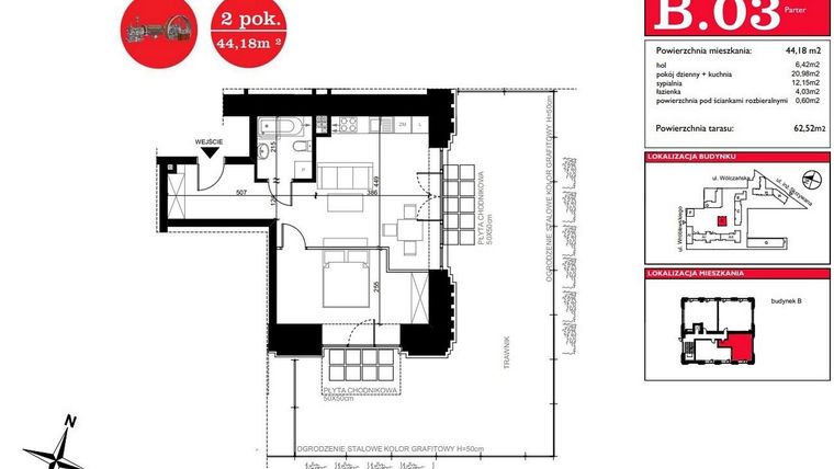 Rzut - Mieszkanie na sprzedaż 2 pokoje o powierzchni 44,18 m² - numer B.3 w ART MODERN etap III - Modern Loft
