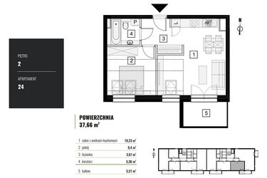 Rzut - Mieszkanie na sprzedaż 2 pokoje o powierzchni 37,66 m² - numer M.24 w Zielony Horyzont II