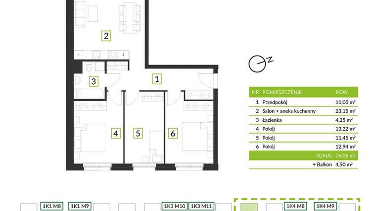 Rzut - Mieszkanie na sprzedaż 4 pokoje o powierzchni 76,06 m² - numer 1K4 M7 w Osiedle Krzeptów przy lesie