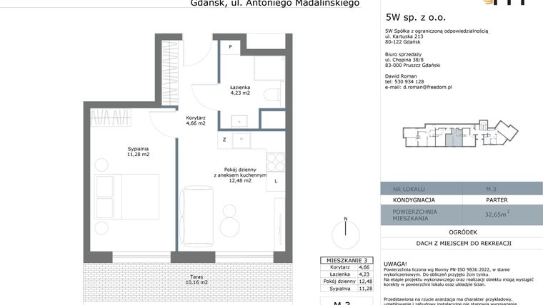 Rzut - Mieszkanie na sprzedaż 2 pokoje o powierzchni 32,65 m² - numer M03 w Madalińskiego