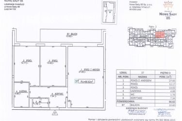Rzut - Mieszkanie na sprzedaż 3 pokoje o powierzchni 66,62 m² - numer M37 w Nowe Sady 85