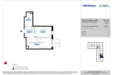 Rzut - Mieszkanie na sprzedaż 2 pokoje o powierzchni 44,42 m² - numer D2.14 w Bulwar Północny