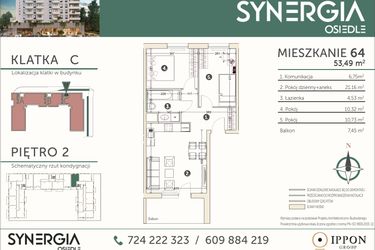 Rzut - Mieszkanie na sprzedaż 3 pokoje o powierzchni 53,49 m² - numer M64 w SYNERGIA