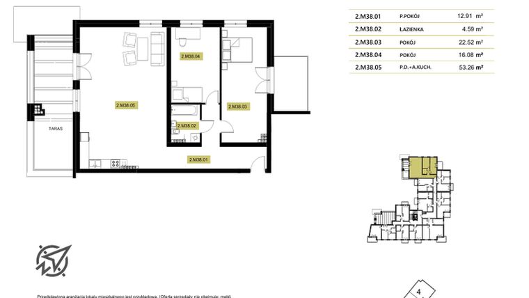 Rzut - Mieszkanie na sprzedaż 4 pokoje o powierzchni 74,03 m² - numer 2M38 w Stary Browar bud. 2