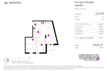 Rzut - Mieszkanie na sprzedaż 1 pokój o powierzchni 53,2 m² - numer 2.A.5.10 w Murapol Agosto