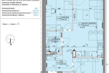 Rzut - Mieszkanie na sprzedaż 3 pokoje o powierzchni 54,95 m² - numer 60B w Osiedle Młodych etap IX