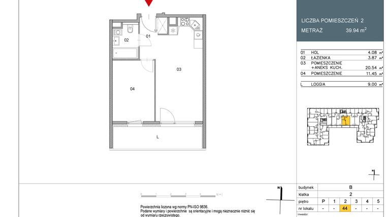 Rzut - Mieszkanie na sprzedaż 2 pokoje o powierzchni 39,94 m² - numer 44 w Morwowa 3 - Apartamenty Inwestycyjne