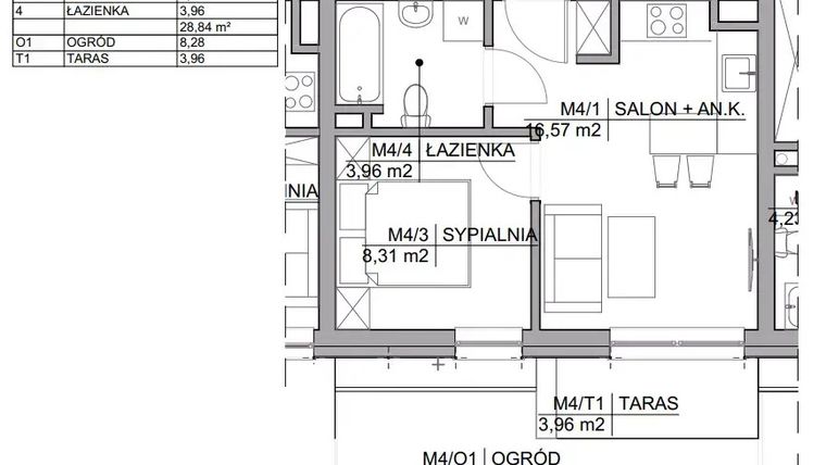 Rzut - Mieszkanie na sprzedaż 2 pokoje o powierzchni 28,84 m² - numer 4 w Kamienica Warszawska 34