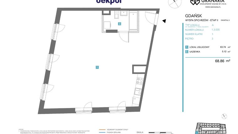 Rzut - Mieszkanie na sprzedaż 1 pokój o powierzchni 68,86 m² - numer 1.3.035 w Granaria
