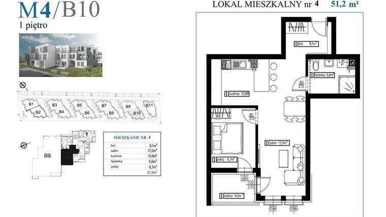 Rzut - Mieszkanie na sprzedaż 2 pokoje o powierzchni 51,2 m² - numer B10M4 w Przystań Rumia