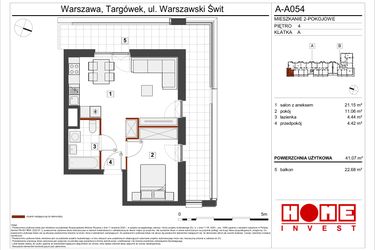 Rzut - Mieszkanie na sprzedaż 2 pokoje o powierzchni 41,07 m² - numer A-A054 w Warszawski Świt etap VII